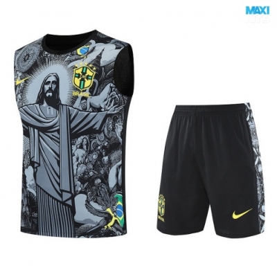 Camiseta futbol Entrenamiento Sin Mangas Brasil + Pantalón Corto 2025/26 Gris/Dorado